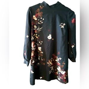 Zara Women’s Long-sleeve Navy Blue Floral Print Dress, Loose Floral Print Dress